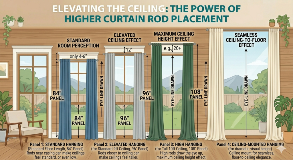 an image displaying different curtain lengths and placement on windows to change the look of the window and make ceilings look taller